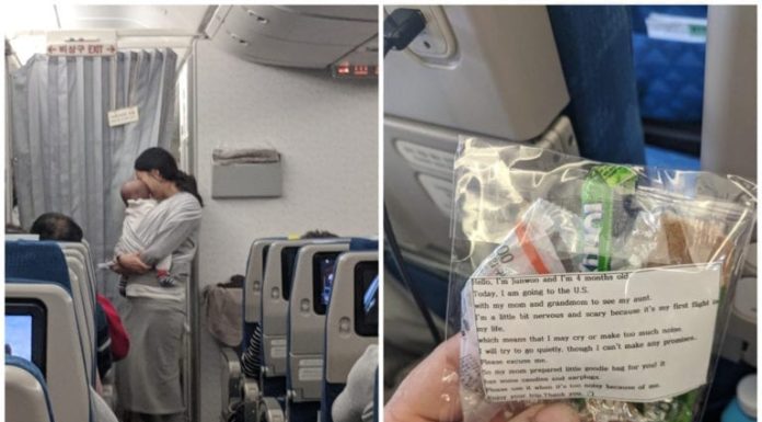 Mamá repartió 200 notas y bolsitas de regalos a los pasajeros del avión