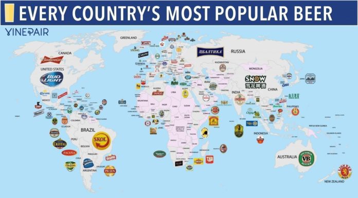 Un mapa que muestra las cervezas más famosas de cada país
