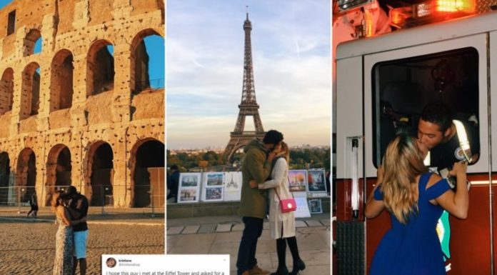 Le pide a extraños que le den un beso en lugares emblemáticos para poder lograr la ‘foto perfecta’