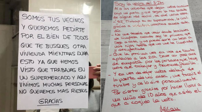 Una empleada de supermercado recibe una nota de un vecino para que se vaya del edificio